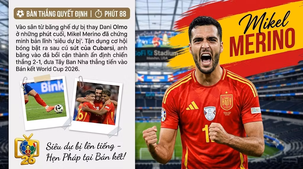 Tây Ban Nha 2-1 Bỉ: Mikel Merino hóa người hùng đưa La Roja vào bán kết World Cup 2026
