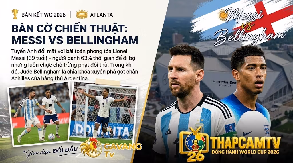 Phân tích chiến thuật trận bán kết World Cup 2026 giữa Anh và Argentina: Cuộc đối đầu tâm điểm giữa Lionel Messi và Jude Bellingham tại sân vận động Atlanta.