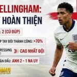 "Infographic từ Thapcamtv phân tích chi tiết phong độ của Jude Bellingham tại tuyển Anh ở tứ kết World Cup 2026. Hiển thị dữ liệu 2 bàn thắng, tỷ lệ tranh chấp tay đôi thành công trên 70% và tần suất pressing cao nhất đội, chứng minh anh là một cỗ máy hoàn thiện."